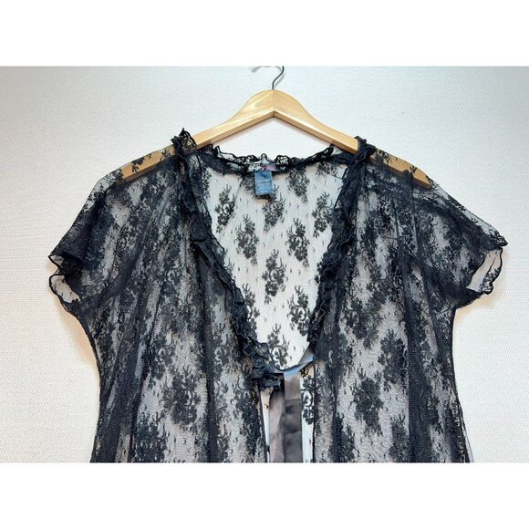 Smart & Sexy Sheer Robe Lingerie Womens L Black Floral Lace Sleepwear Tie Front - Picture 2 of 12